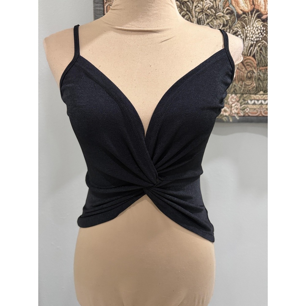 VRG GRL Cami Top Womens 6 Black Twist Front Deep V Neck Strappy Party Camisole